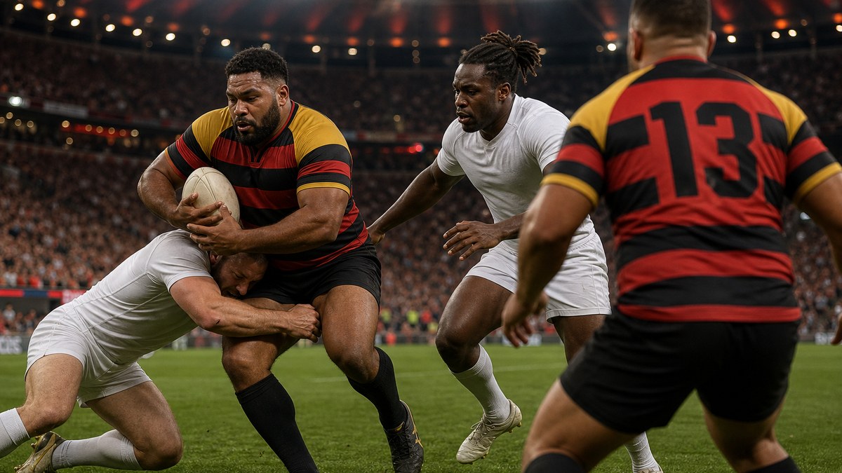 Rugby league ball carrier in the Vegas Kings red and black hooped jersey tackled low by a defender in white inside a floodlit Las Vegas stadium