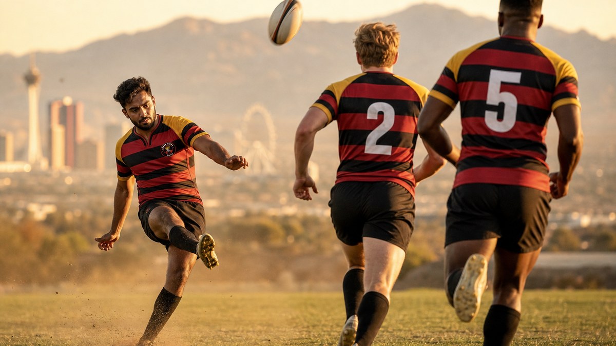 Vegas Kings halfback kicking an oval rugby ball downfield at golden hour as teammates wearing numbers 2 and 5 chase, desert mountains behind