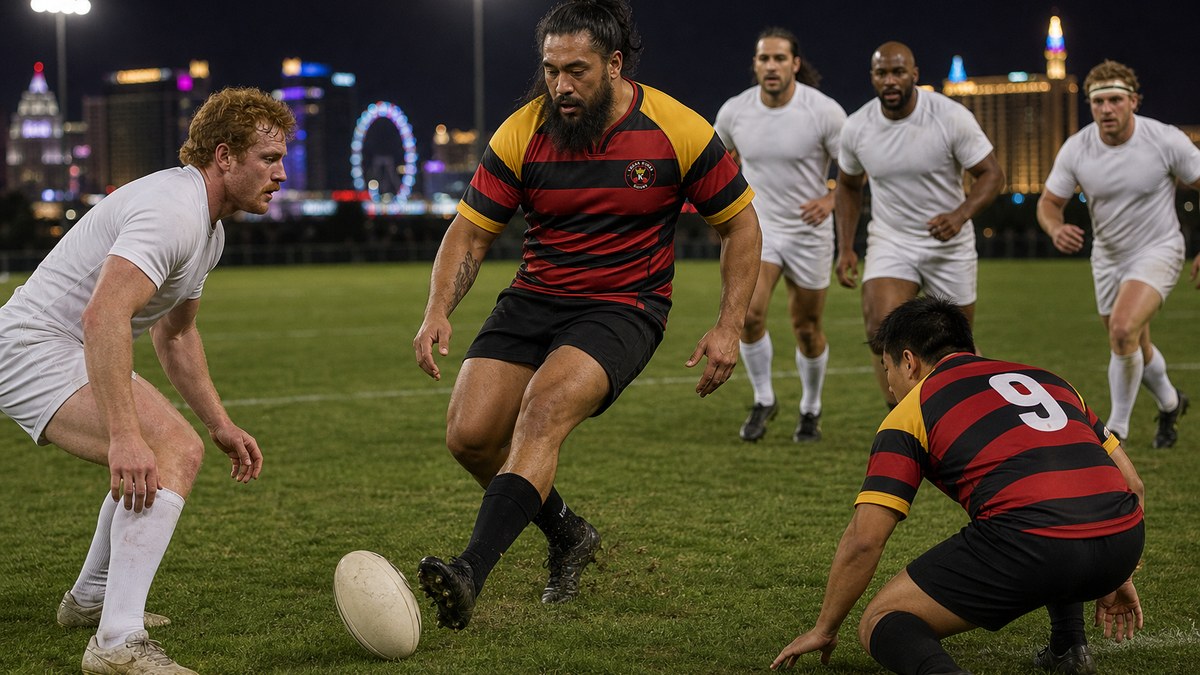 Vegas Kings rugby league player playing the ball with his foot to the dummy-half wearing number 9 while defenders in white retreat under floodlights