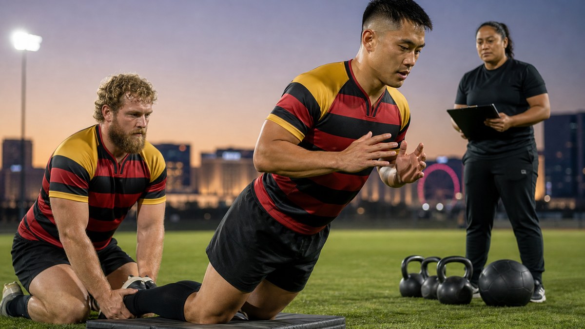 Vegas Kings rugby player doing a Nordic hamstring exercise on the grass while a teammate holds his ankles during a pre-season session at dusk