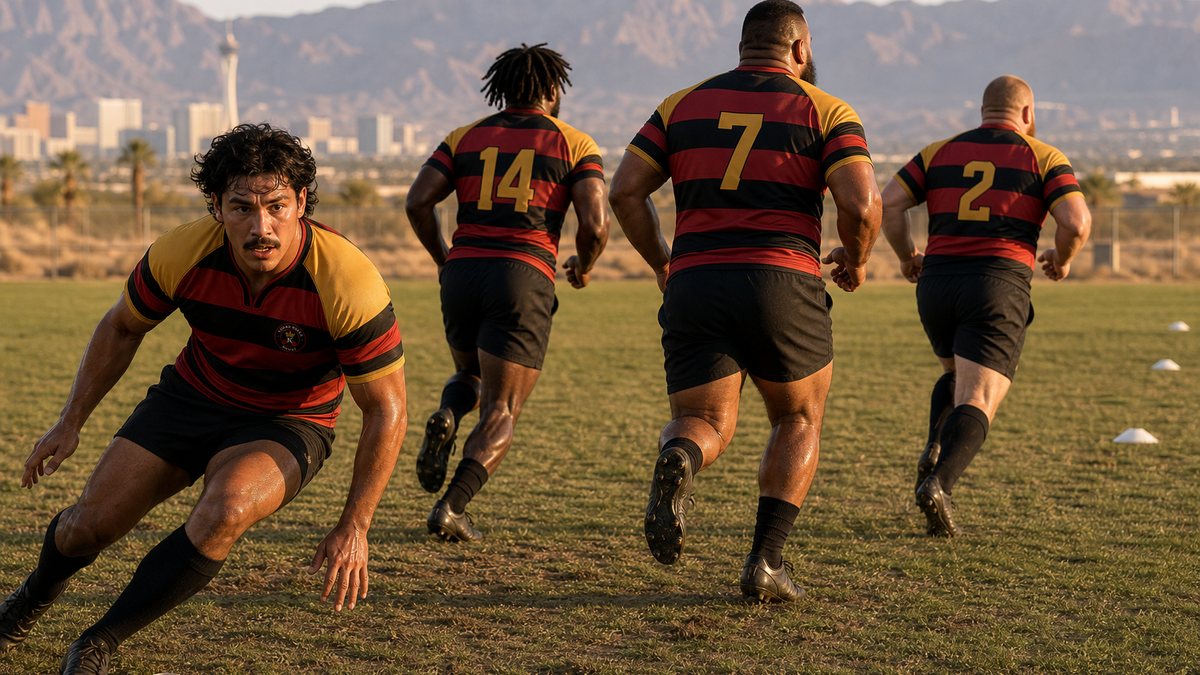 Vegas Kings rugby players in red and black hooped jerseys running a pre-season shuttle conditioning drill between cones at golden hour near Las Vegas