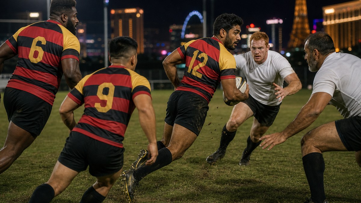 Vegas Kings attacker carrying an oval rugby ball toward a gap in a floodlit small-sided conditioning game with teammates wearing numbers 9 and 6 in support