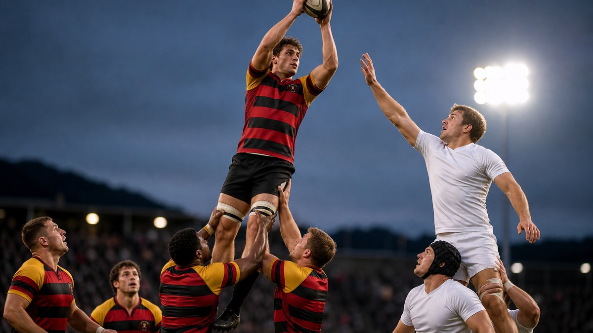 Vegas Kings player in the red and black hooped jersey lifted to catch the ball at a rugby union lineout