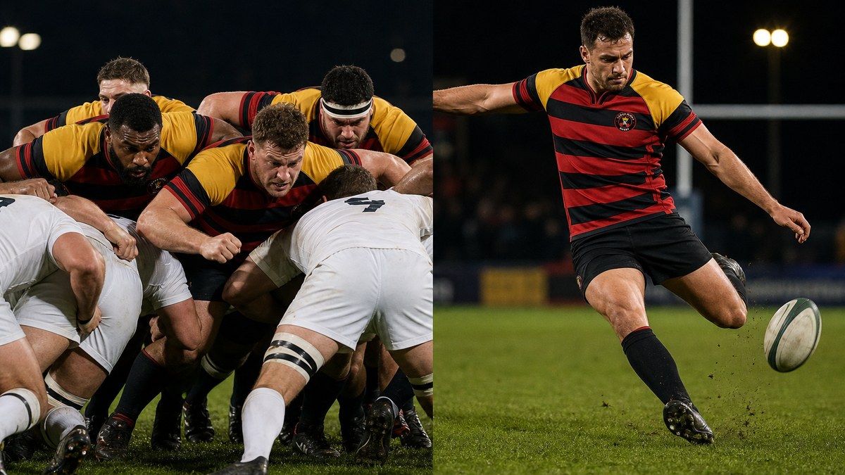 Rugby union scrum and a player kicking the ball, Vegas Kings in red and black hooped jerseys with gold sleeves